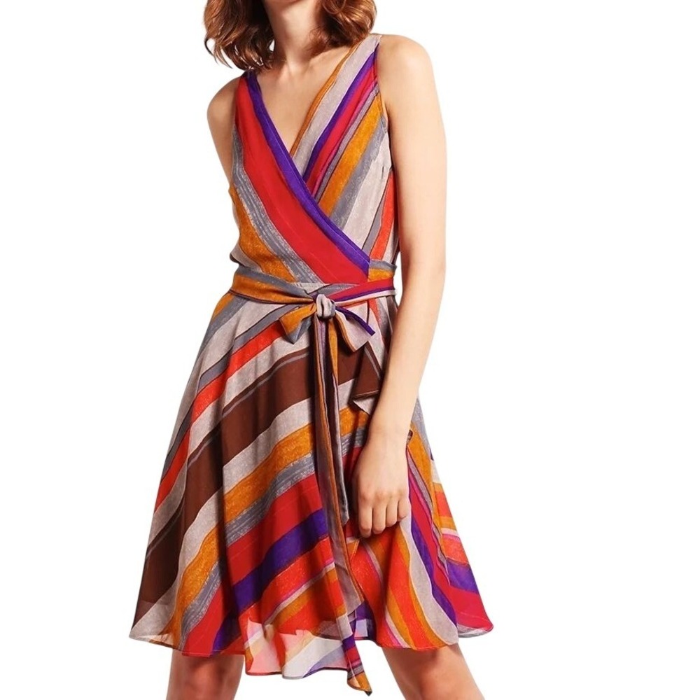 Lauren Ralph Lauren Multi Color Stripe Sleeveless Faux Wrap Dress Size 10